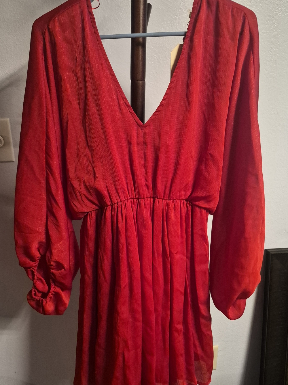 JODIFL Red V-Neck Long Sleeve Gathered Waist Dress